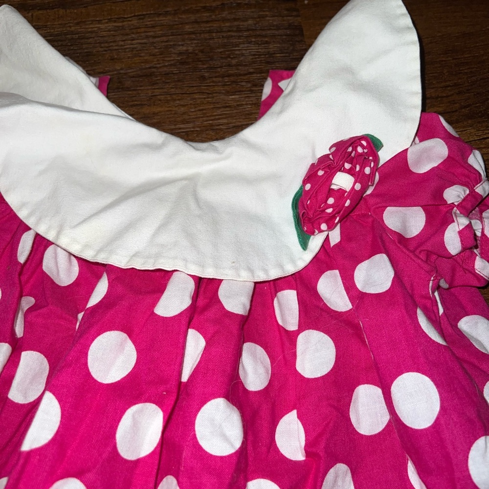 Vintage Bonnie Baby Pink and White Polka Dot Collar Floral Dress Size 12 Month - Picture 7 of 9